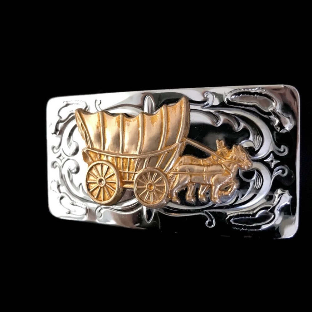 Vintage western stagecoach belt buckle silver brass